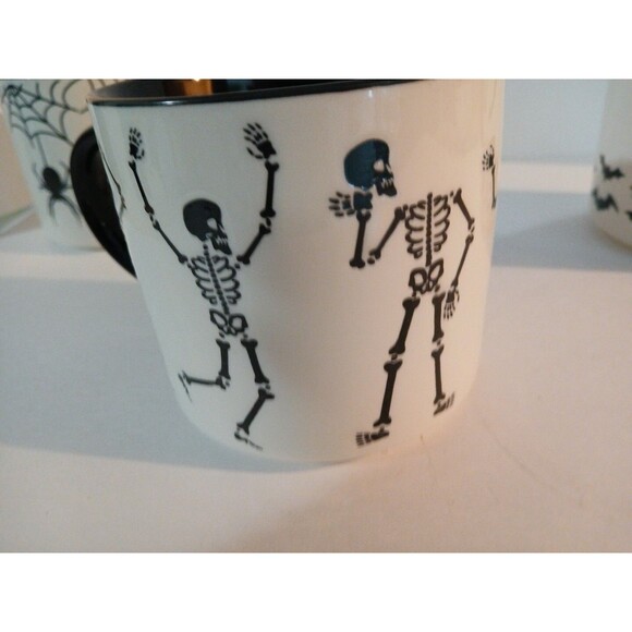 3 Halloween Skelton Mug/ Dancing Skeltons, Spiders,& Bats, Black White 16 Oz New - Picture 8 of 16
